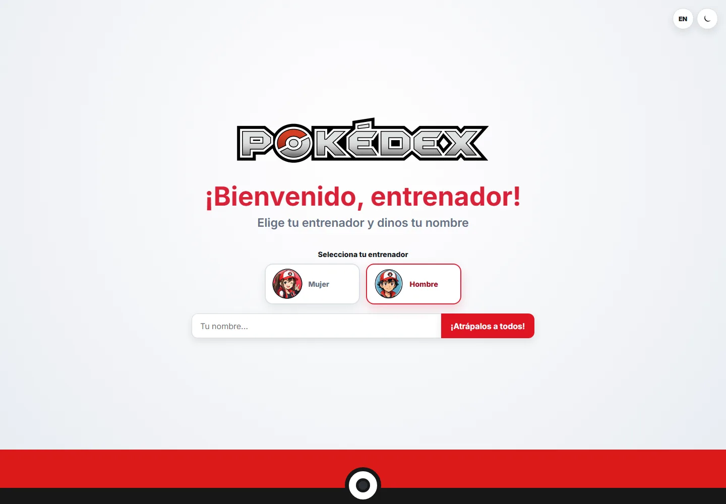 Pantalla de bienvenida de Pokédex App con selección de entrenador e ingreso de nombre